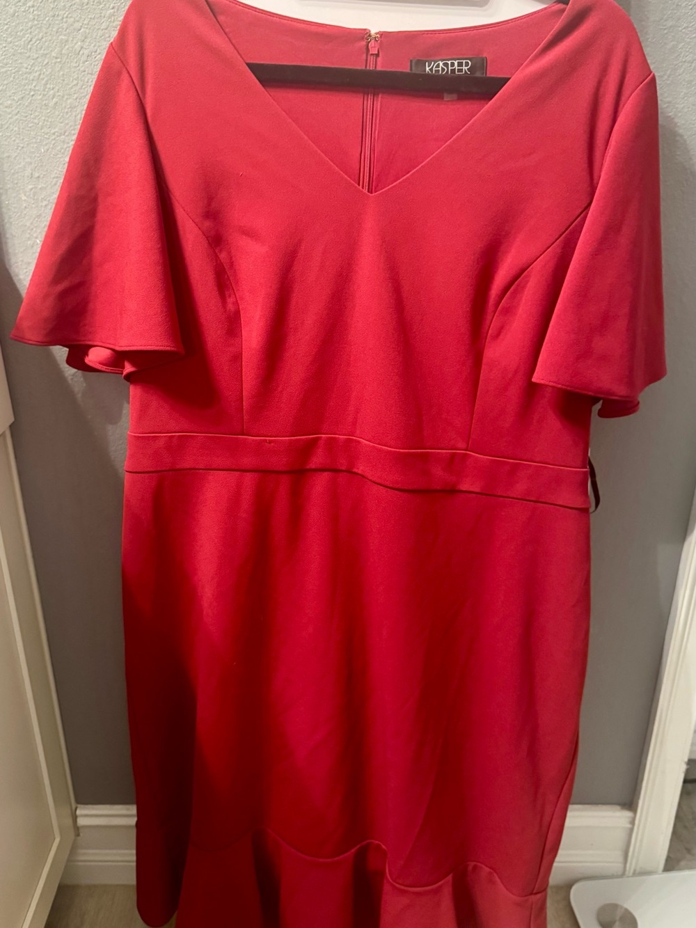 Kasper Women's Red V-Neck Midi Dress with Flutter Sleeves